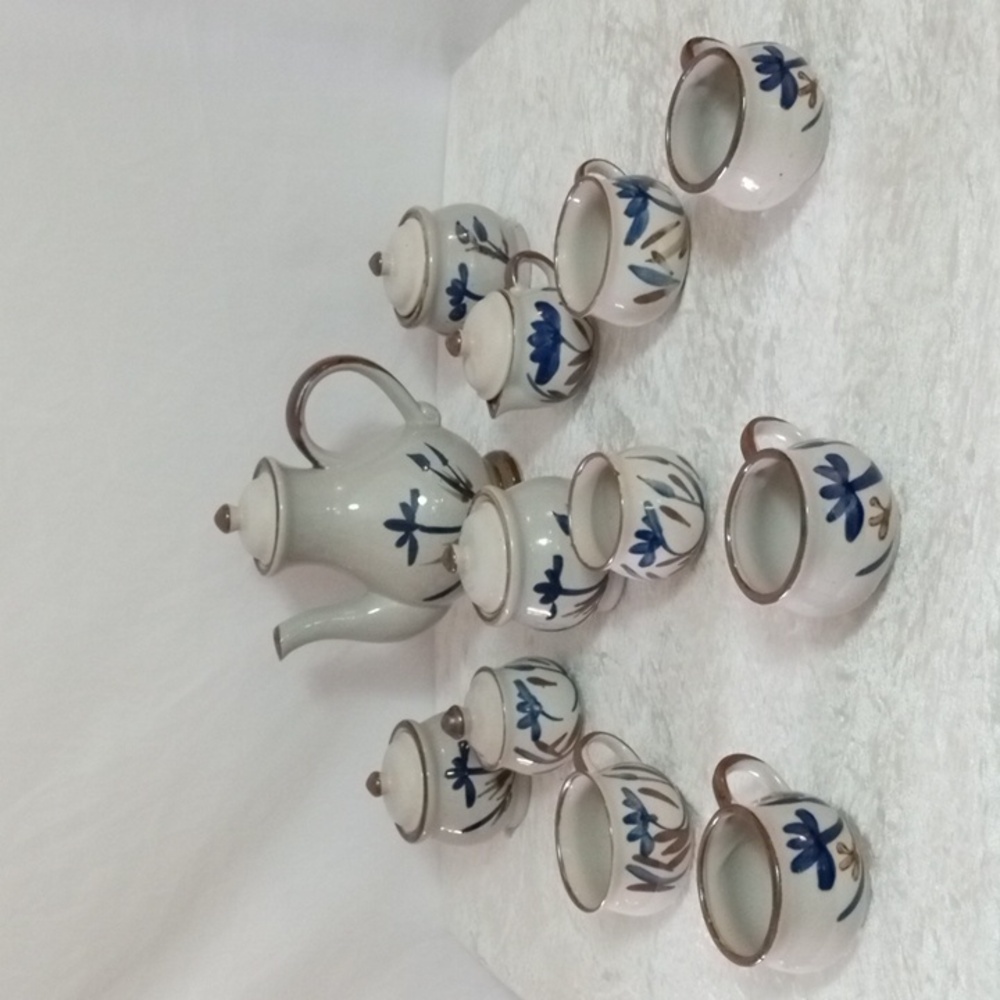 12 pc. Vtg Hand Painted Blue Lotus Flower Japanese Coffee and Tea Set